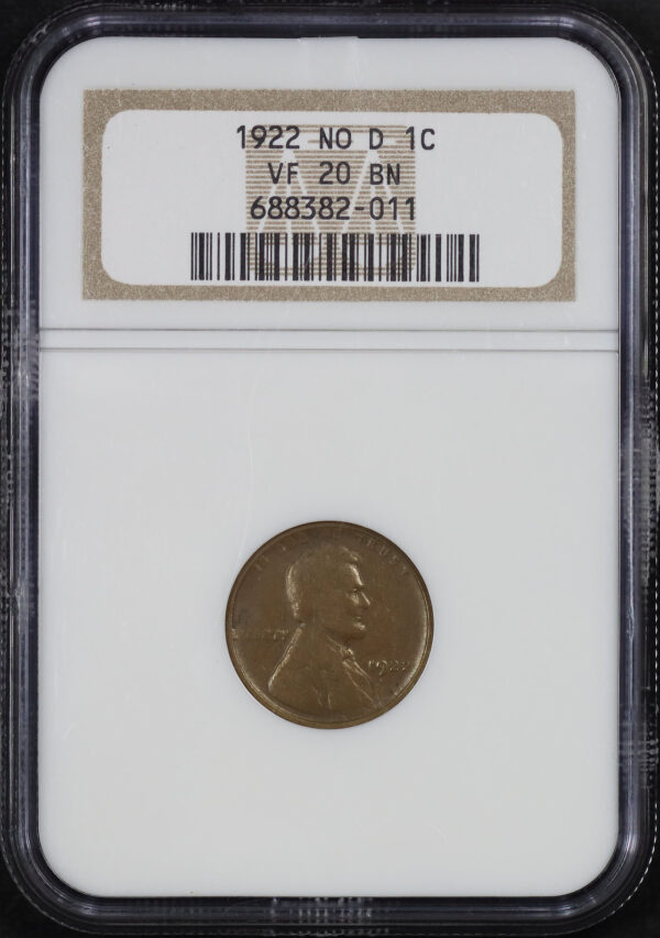 Obverse of this 1922 No D Lincoln Cent Wheat Reverse Strong Reverse NGC VF-20 BN