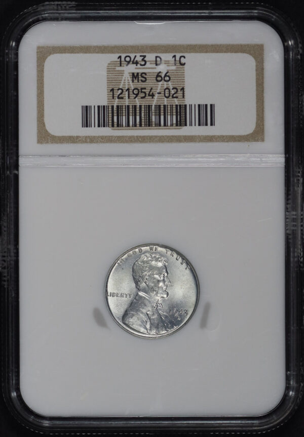 Obverse of this 1943-D Lincoln Steel Cent Wheat Reverse NGC MS-66