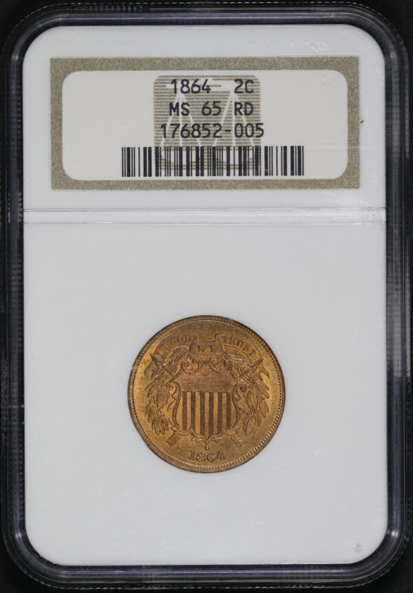 Obverse of this 1864 Two Cent Large Motto NGC MS-65 RD
