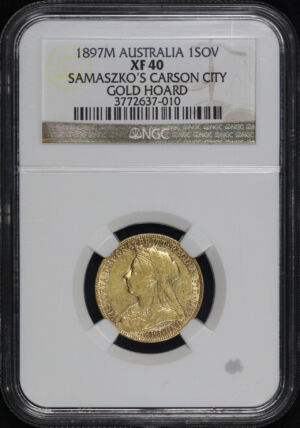 Obverse of this 1897M Australia Gold 1 Sovereign KM#13 NGC XF-40 Samaszko’s Carson City Gold Hoard Label