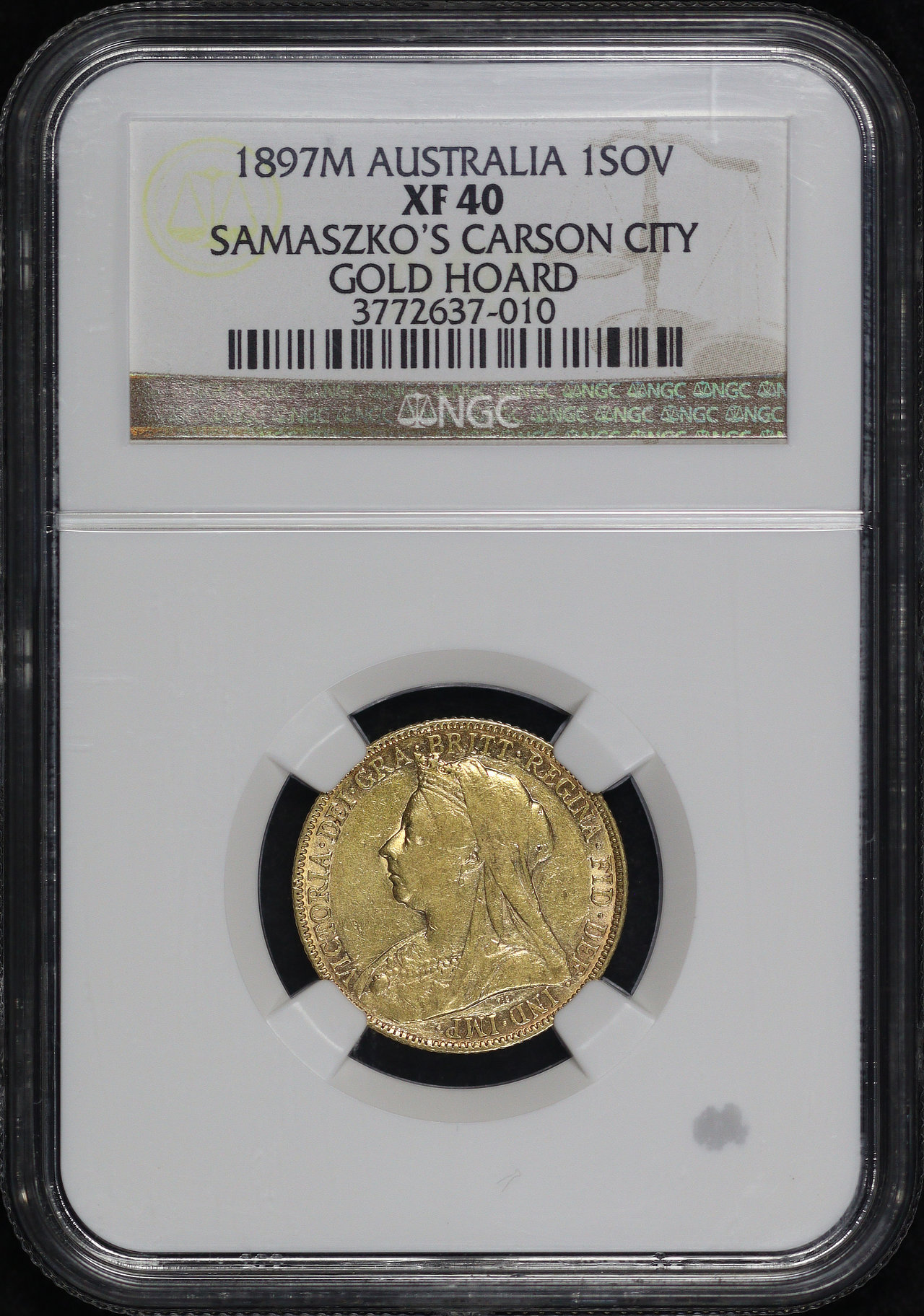 Obverse of this 1897M Australia Gold 1 Sovereign KM#13 NGC XF-40 Samaszko’s Carson City Gold Hoard Label