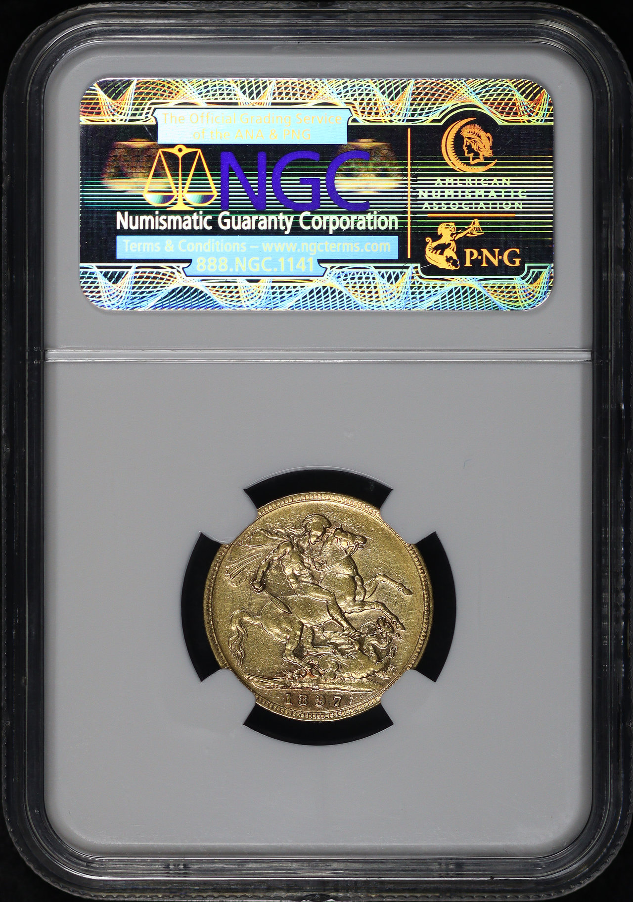 Reverse of this 1897M Australia Gold 1 Sovereign KM#13 NGC XF-40 Samaszko’s Carson City Gold Hoard Label