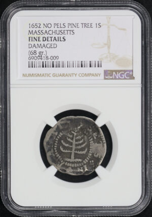 Obverse of this 1652 Massachusetts Colonial No Pellets Pine Tree Silver Shilling (68 gr.) NGC F Details Damaged (Hairlines/Scratches)