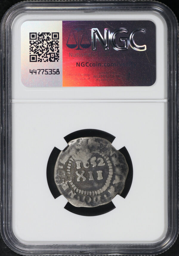 Reverse of this 1652 Massachusetts Colonial No Pellets Pine Tree Silver Shilling (68 gr.) NGC F Details Damaged (Hairlines/Scratches)