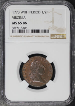 Obverse of this 1773 1/2P With Period Colonial Virginia, NGC MS-65 BN