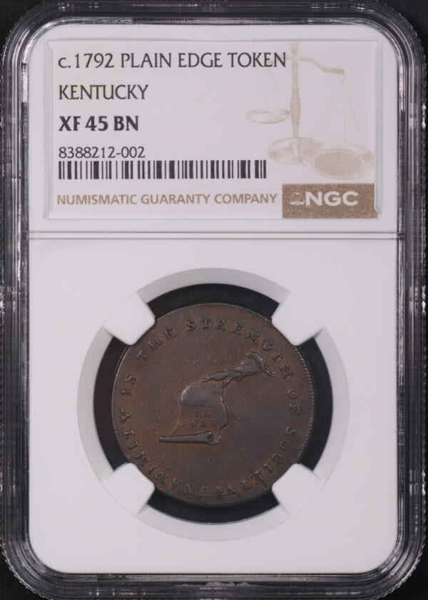 Obverse of this c.1792 Plain Edge Kentucky Token NGC XF-45 BN