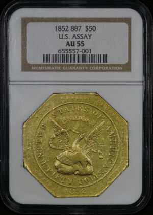 Obverse of this 1852 $50 California Gold 887 U.S. Assay Office PCGS AU-55