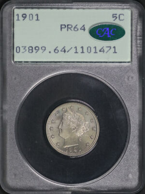 Obverse of this 1901 Liberty Nickel PCGS PR-64 CAC Old Green Rattler Holder