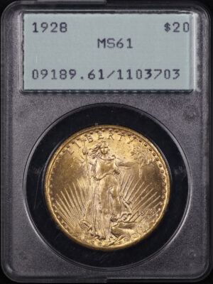 Obverse of this 1928 St. Gaudens $20 PCGS MS-61 Old Green Rattle Holder