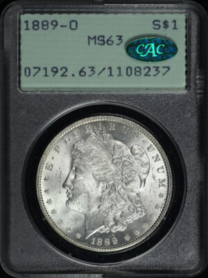 Obverse of this 1889-O Morgan Dollar PCGS MS-63 CAC Old Green Rattler Holder