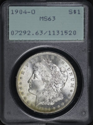 Obverse of this 1904-O Morgan Dollar PCGS MS-63 Old Green Rattler Holder