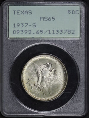 Obverse of this 1937-S 50C Texas Silver Commemorative PCGS MS-65 Old Green Rattler Holder 