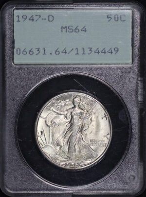 Obverse of this 1947-D Walking Liberty Half Dollar PCGS MS-64 Old Green Rattle Holder