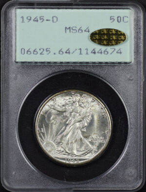 Obverse of this 1945-D Walking Liberty Half Dollar PCGS MS-64 Gold CAC Old Green Rattle Holder