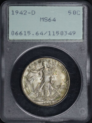 Obverse of this 1942-D Walking Liberty Half Dollar PCGS MS-64 Old Green Rattler Holder