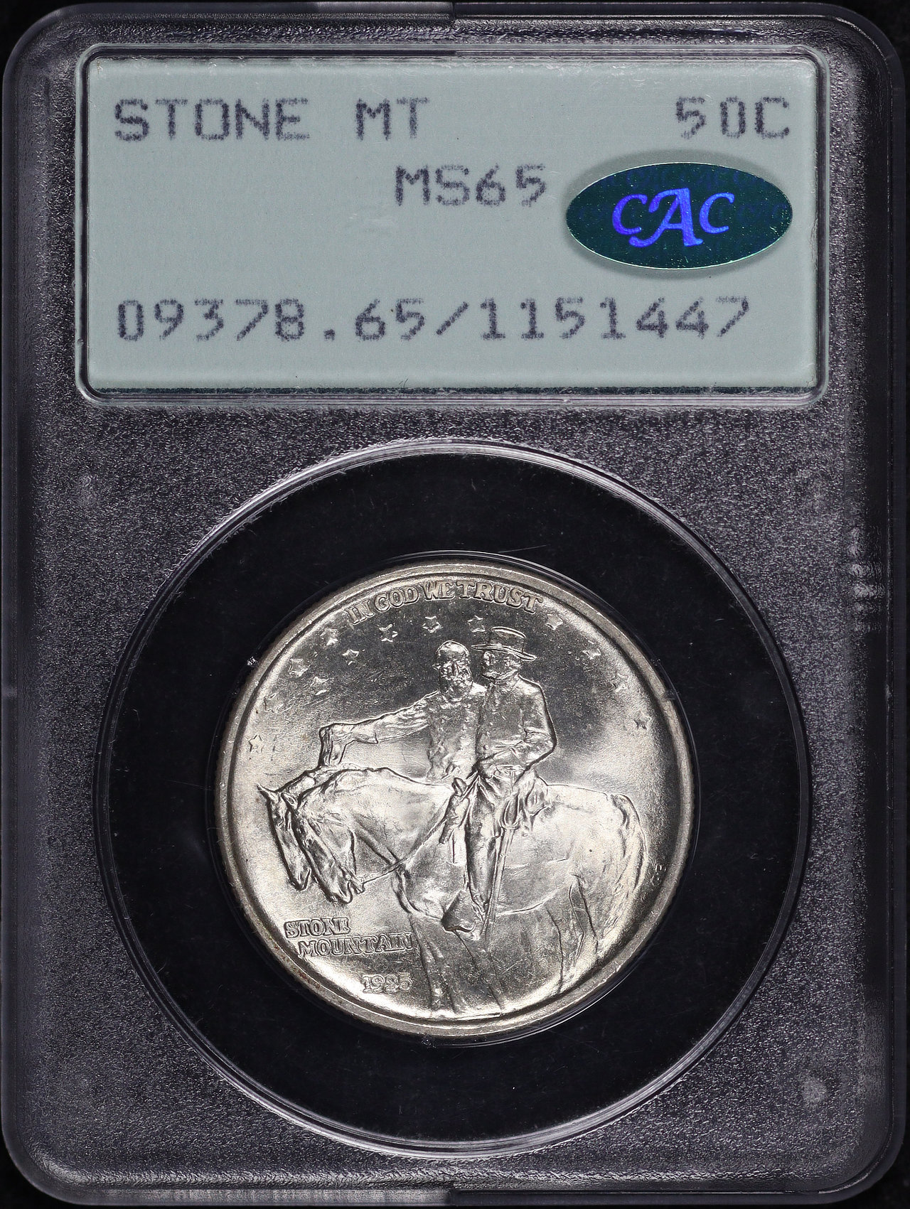 Obverse of this 1925 50C Stone Mountain Silver Commemorative PCGS MS-65 CAC Old Green Rattler Holder