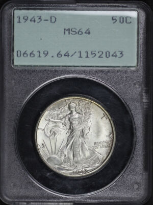 Obverse of this 1943-D Walking Liberty Half Dollar PCGS MS-64 Old Green Rattler Holder