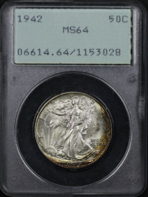 Obverse of this 1942 Walking Liberty Half Dollar PCGS MS-64 Old Green Rattler Holder