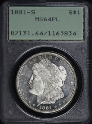 Obverse of this 1881-S Morgan Dollar PCGS MS-64 PL Old Green Rattler Holder 