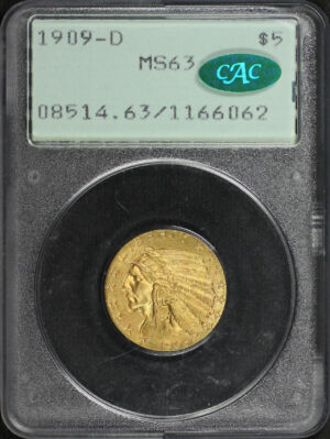Obverse of this 1909-D Indian $5 PCGS MS-63 CAC Old Rattler Holder