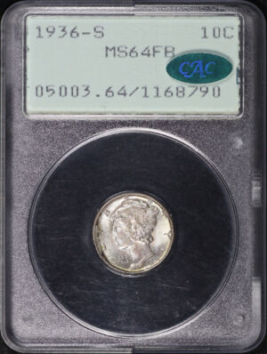 Obverse of this 1936-S Mercury Dime PCGS MS-64 FB CAC Old Green Rattler Holder