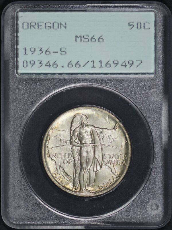 Obverse of this 1936-S 50C Oregon Silver Commemorative PCGS MS-66 Old Green Rattler