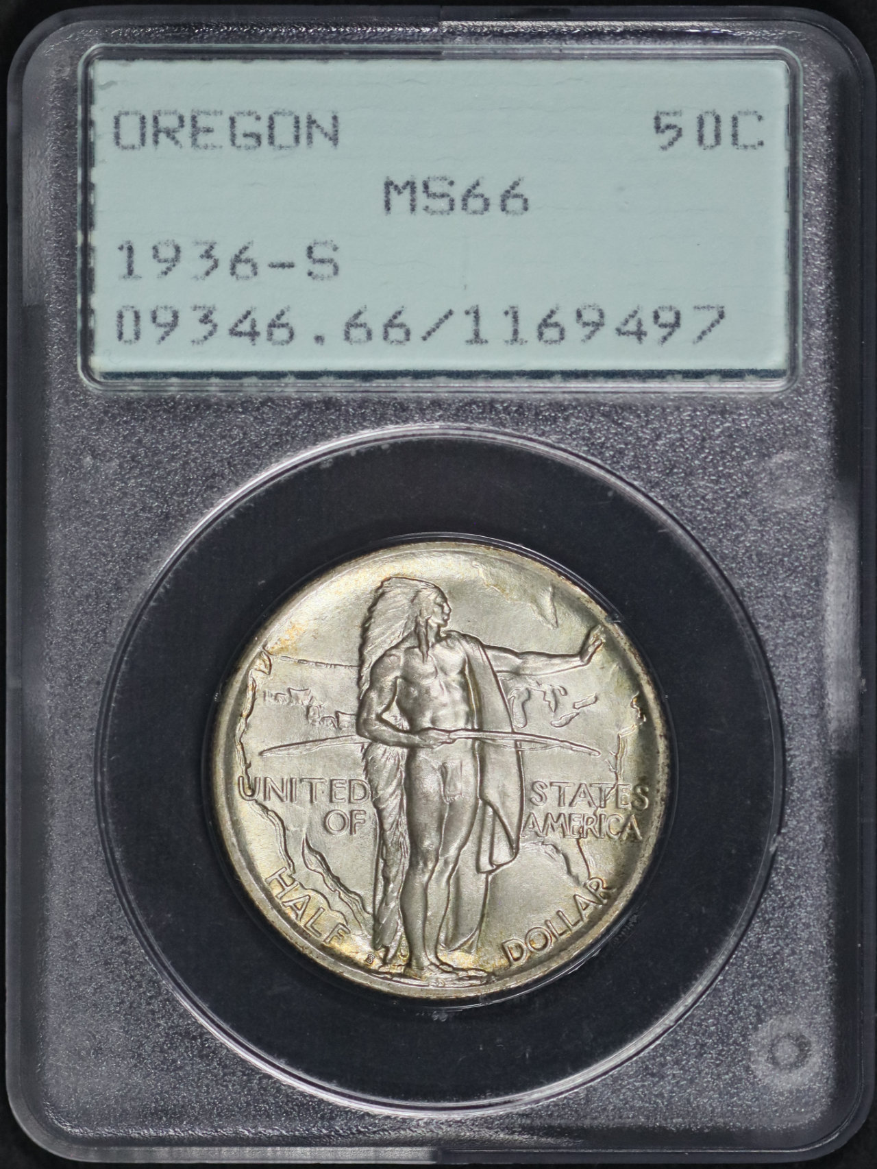 Obverse of this 1936-S 50C Oregon Silver Commemorative PCGS MS-66 Old Green Rattler