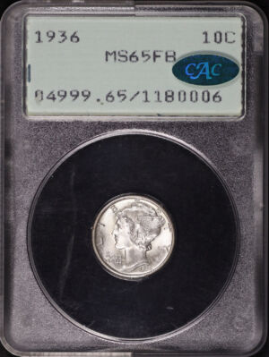 Obverse of this 1936 Mercury Dime PCGS MS-65 FB CAC Old Green Rattler Holder