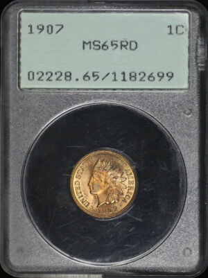 Obverse of this 1907 Indian Cent PCGS MS-65 RD Old Green Rattler Holder