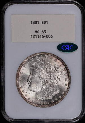 Obverse of this 1881 Morgan Dollar NGC MS-63 CAC White Label Old Fatty Holder