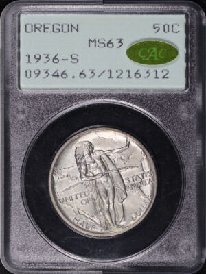 Obverse of this 1936-S 50C Oregon Silver Commemorative PCGS MS-63 Gold CAC Old Green Rattler Holder