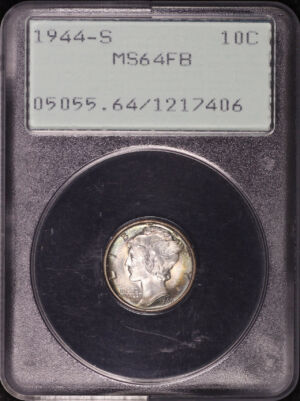 Obverse of this 1944-S Mercury Dime PCGS MS-64 FB Old Green Rattler Holder