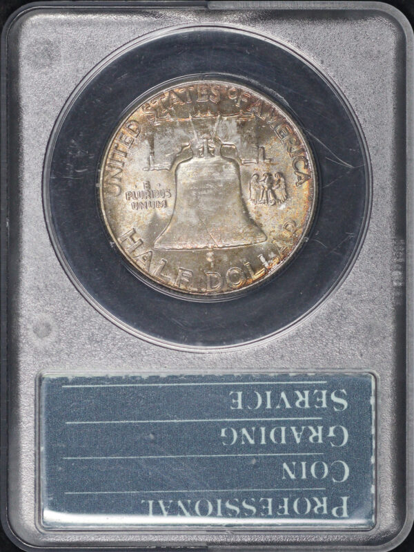 Reverse of this 1957 Franklin Half Dollar PCGS MS-64 – Old Green Rattle Holder, Violet & Crimson Hue Toning