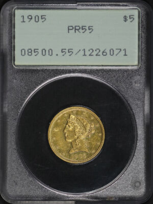 Obverse of this 1905 Liberty Head $5 PCGS PR-55 Old Green Rattler Holder