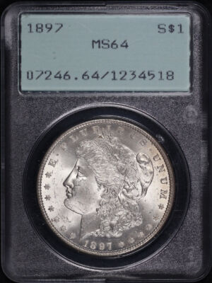 Obverse of this 1897 Morgan Dollar PCGS MS-64 Old Green Rattle Holder