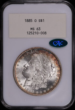 Obverse of this 1885-O Morgan Dollar NGC MS-63 CAC White Label Old Fatty Holder – Blue & Sunset Hue Rim Toning
