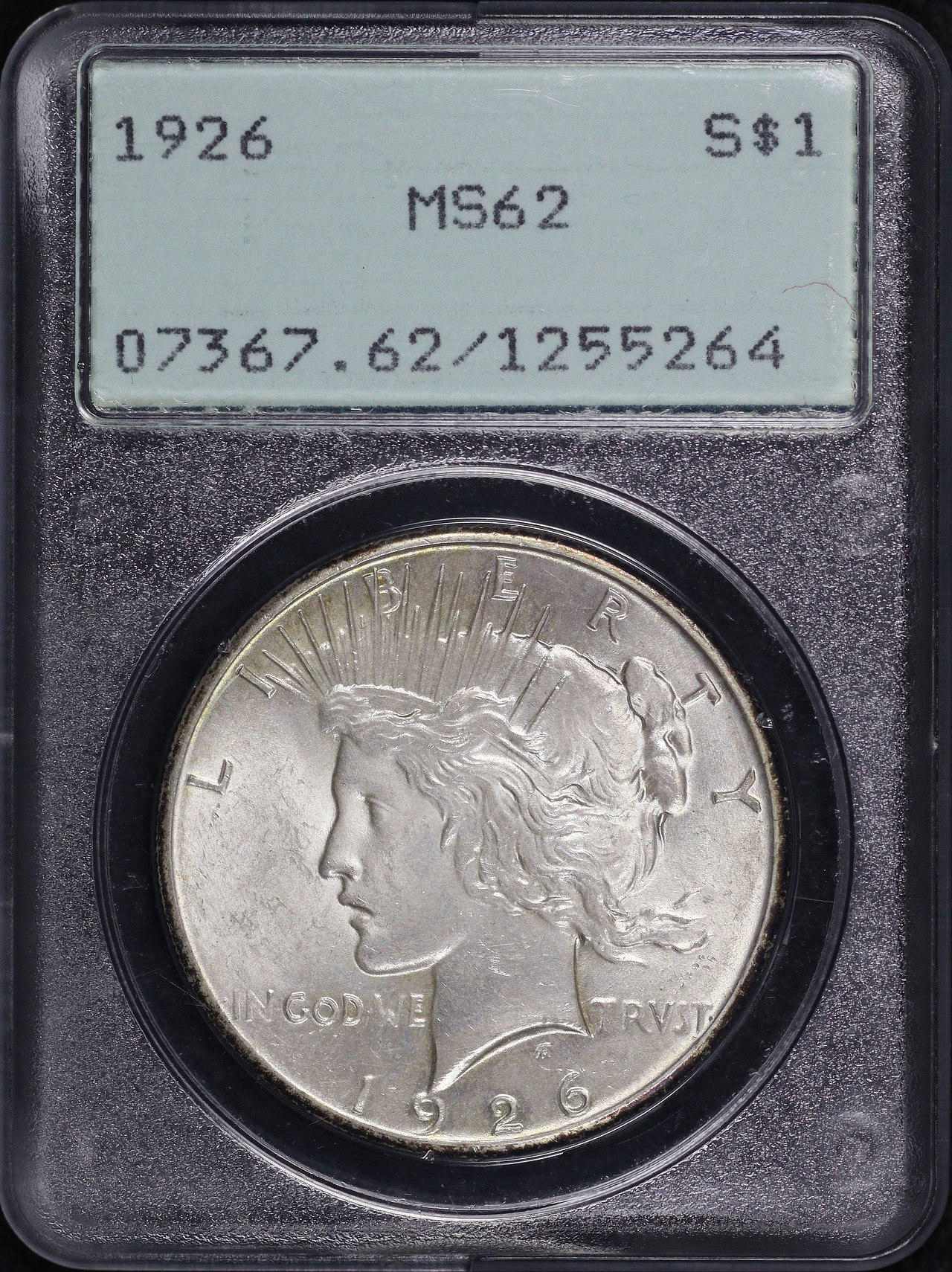 Obverse of this 1926 Peace Dollar PCGS MS-62 Old Green Holder
