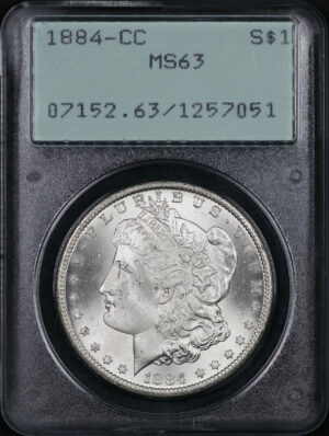 Obverse of this 1884-CC Morgan Dollar PCGS MS-63 Old Green Rattler Holder
