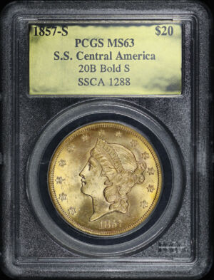 1857-S Liberty Head $20 Type 1 20B Bold S PCGS MS-63 S.S. Central America Shipwreck SSCA 1288 Gold Foil Label