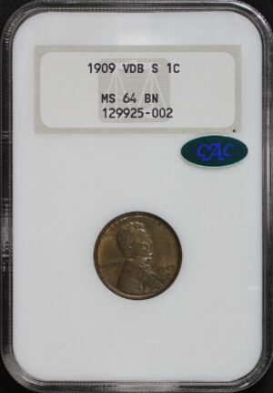 Obverse of this 1909-S VDB Lincoln Cent Wheat Reverse NGC MS-64 BN CAC Old Fatty Holder