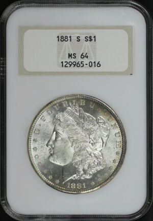 Obverse of this 1881-S Morgan Dollar NGC MS-64 Old Fatty Holder