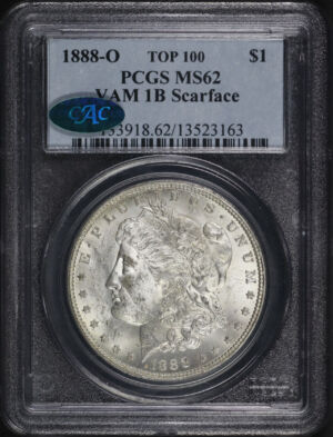 Obverse of this 1888-O Top-100 Morgan Dollar Scar Face VAM-1b PCGS MS-62 CAC