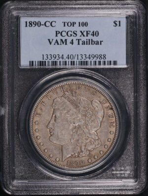 Obverse of this 1890-CC Top 100 VAM-4 Tailbar Morgan Dollar PCGS XF-40