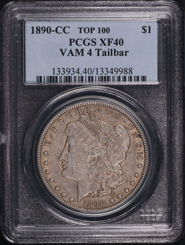 Obverse of this 1890-CC Top 100 VAM-4 Tailbar Morgan Dollar PCGS XF-40