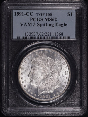 Obverse of this 1891-CC Top 100 VAM-3 Spitting Eagle Morgan Dollar PCGS MS-62