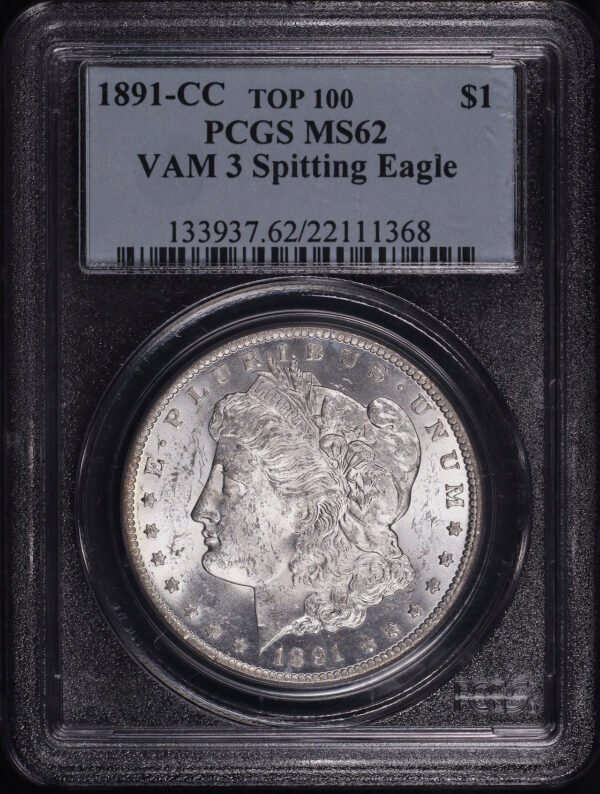 Obverse of this 1891-CC Top 100 VAM-3 Spitting Eagle Morgan Dollar PCGS MS-62