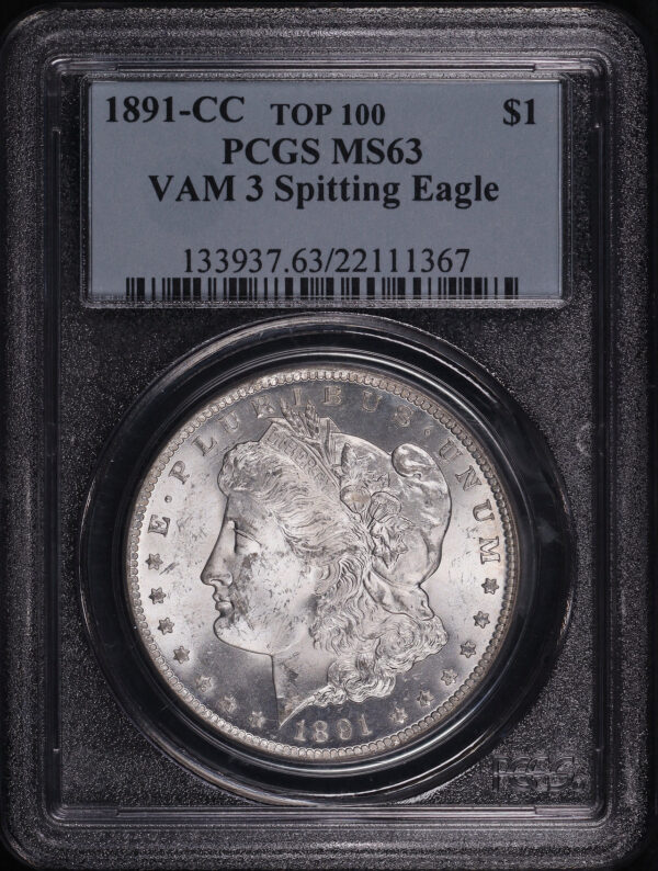Obverse of this 1891-CC Top 100 VAM-3 Spitting Eagle Morgan Dollar PCGS MS-63