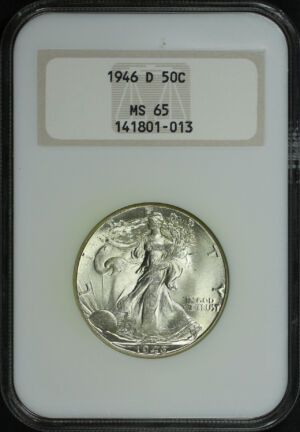 Obverse of this 1946-D Walking Liberty Half Dollar NGC MS-65 Old Fatty Holder