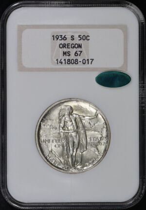 Obverse of this 1936-S Oregon Trail 50C Silver Commemorative NGC MS-67 CAC Old Fatty Holder