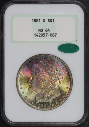 Obverse of this 1881-S Morgan Dollar NGC MS-64 CAC Old Fatty Holder, Fireball Obverse Toning